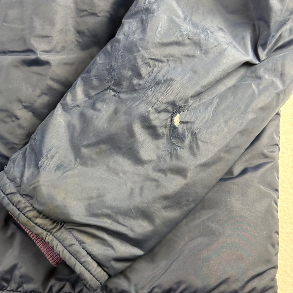Vintage Comfy Goose Down Puffer Jacket Navy Blue Retro Chevron Distressed XL - Picture 5 of 7